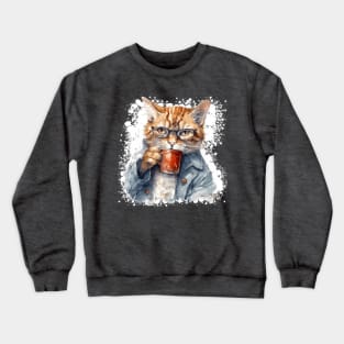 Grumpy Hangover Cat in Glasses Coffee Cup Crewneck Sweatshirt